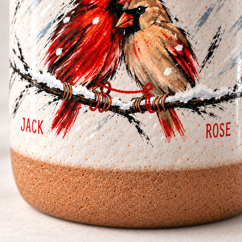 Personalized Cardinal Pair Snowy Branch Pottery Mug — The Ones Who Stay