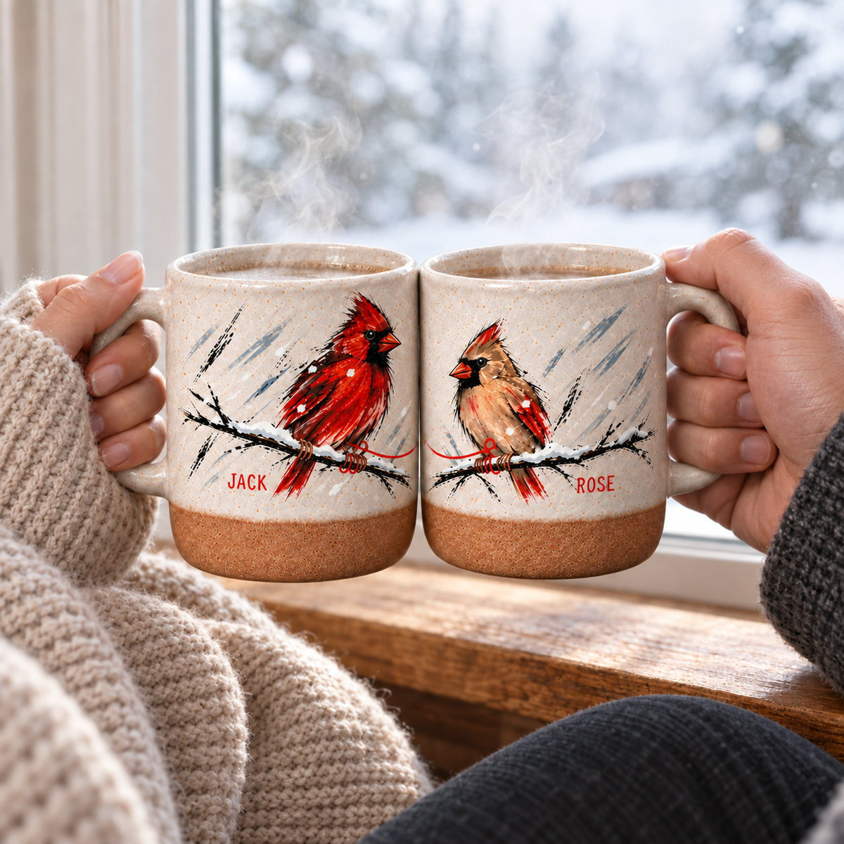 Personalized Cardinal Pair Snowy Branch Pottery Mug — The Ones Who Stay