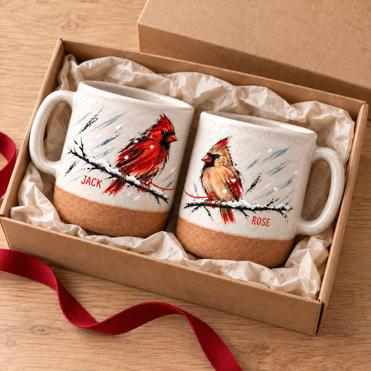 Personalized Cardinal Pair Snowy Branch Pottery Mug — The Ones Who Stay