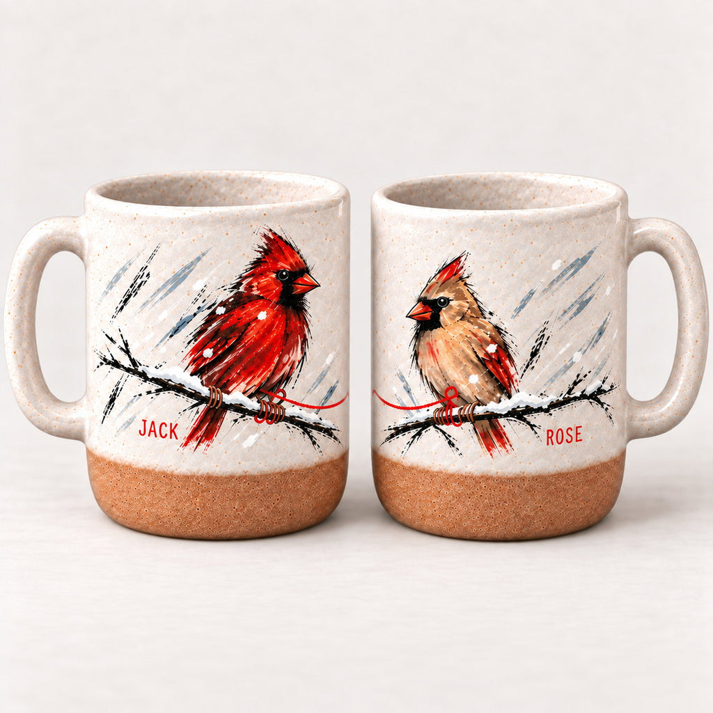 Personalized Cardinal Pair Snowy Branch Pottery Mug — The Ones Who Stay