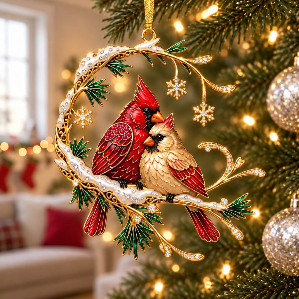 Cardinal Pair on a Snowy Pine Crescent Christmas Ornament