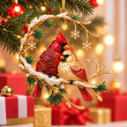 Cardinal Pair on a Snowy Pine Crescent Christmas Ornament