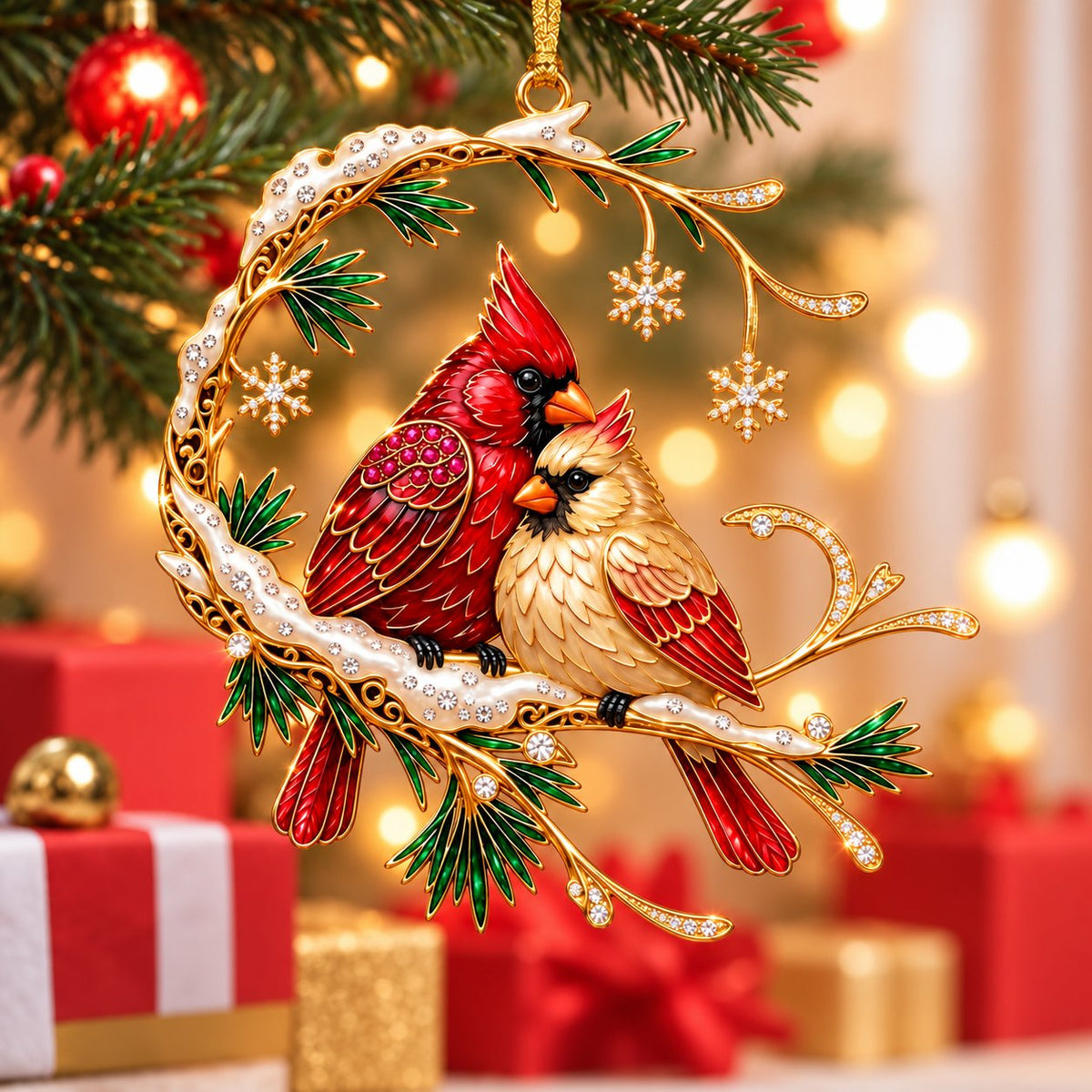Cardinal Pair on a Snowy Pine Crescent Christmas Ornament
