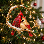 Cardinal Pair on a Snowy Pine Crescent Christmas Ornament