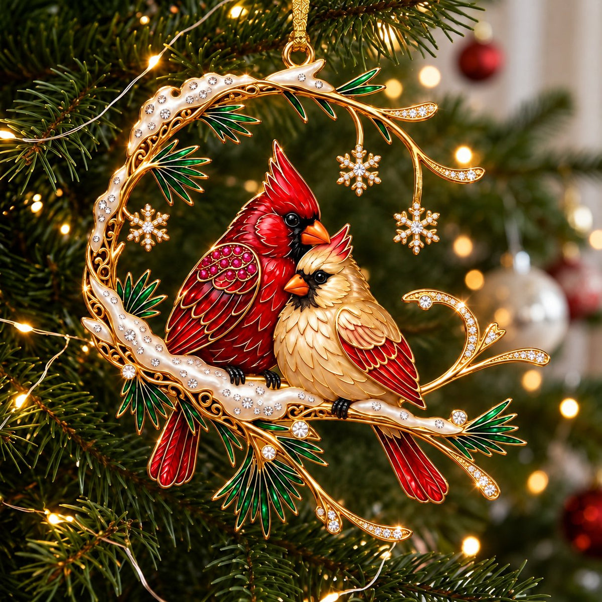 Cardinal Pair on a Snowy Pine Crescent Christmas Ornament