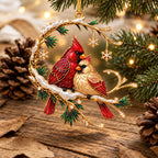 Cardinal Pair on a Snowy Pine Crescent Christmas Ornament