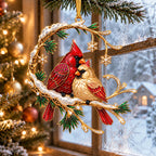 Cardinal Pair on a Snowy Pine Crescent Christmas Ornament