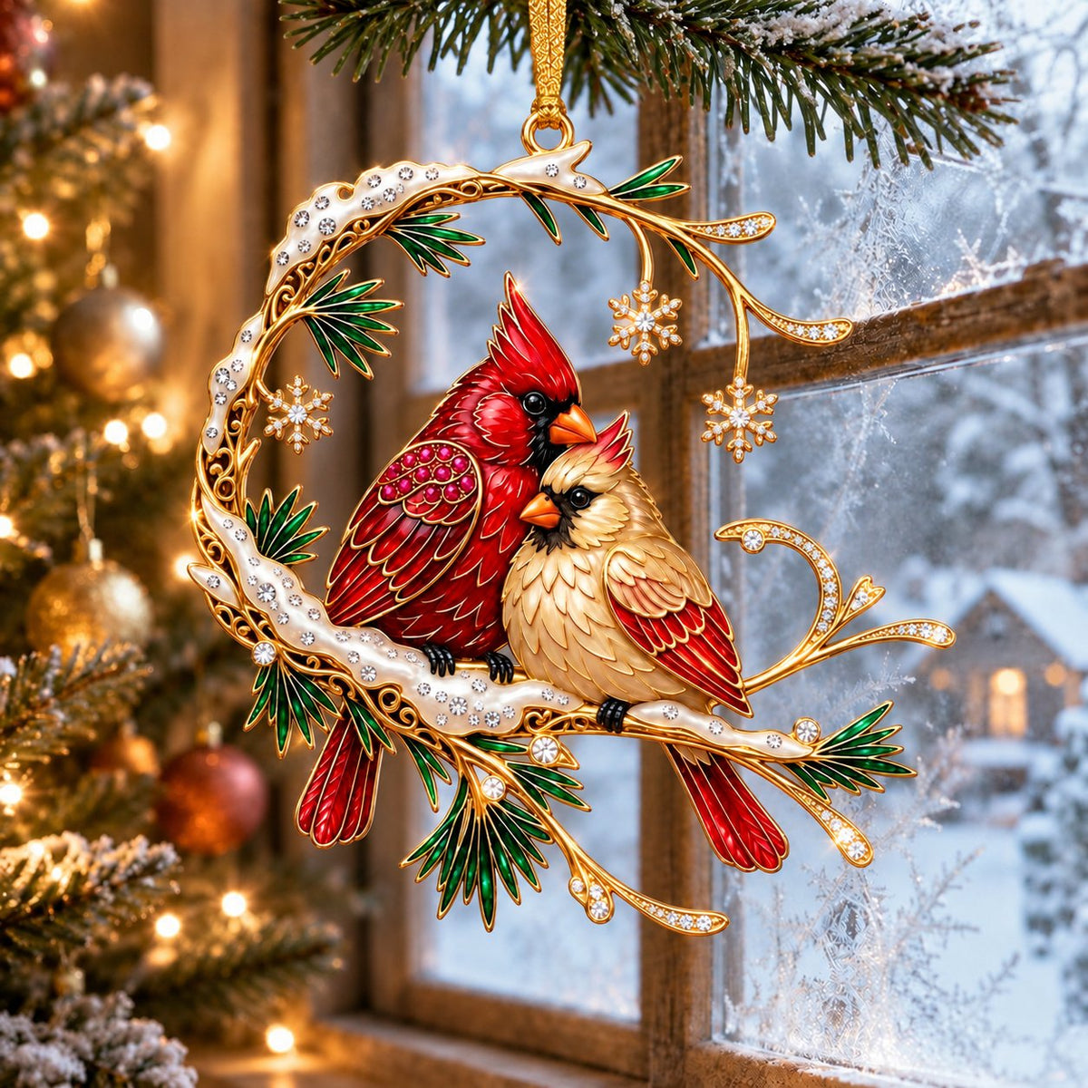 Cardinal Pair on a Snowy Pine Crescent Christmas Ornament