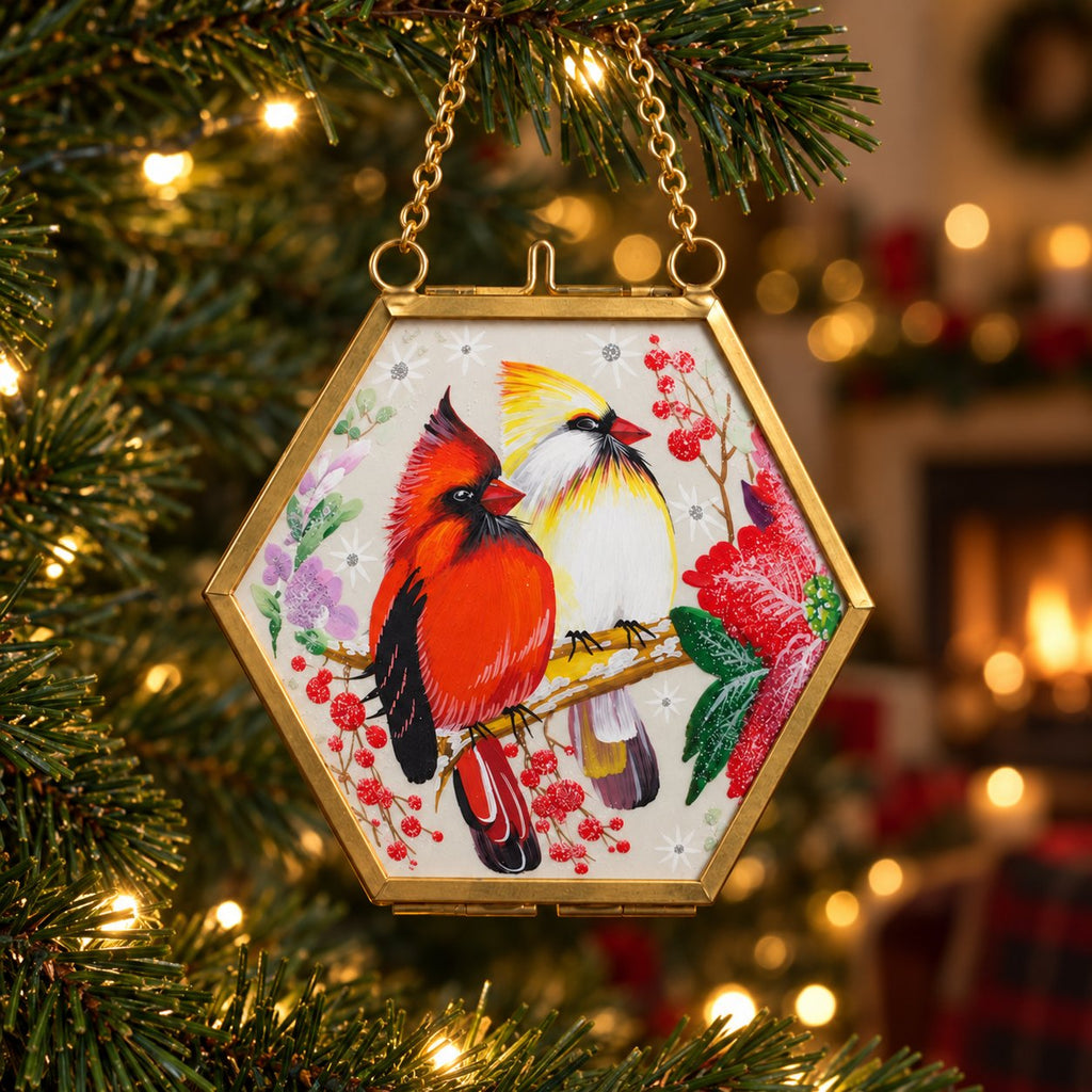 Cardinal Pair with Winter Berries Brass Picture Frame Christmas Ornament