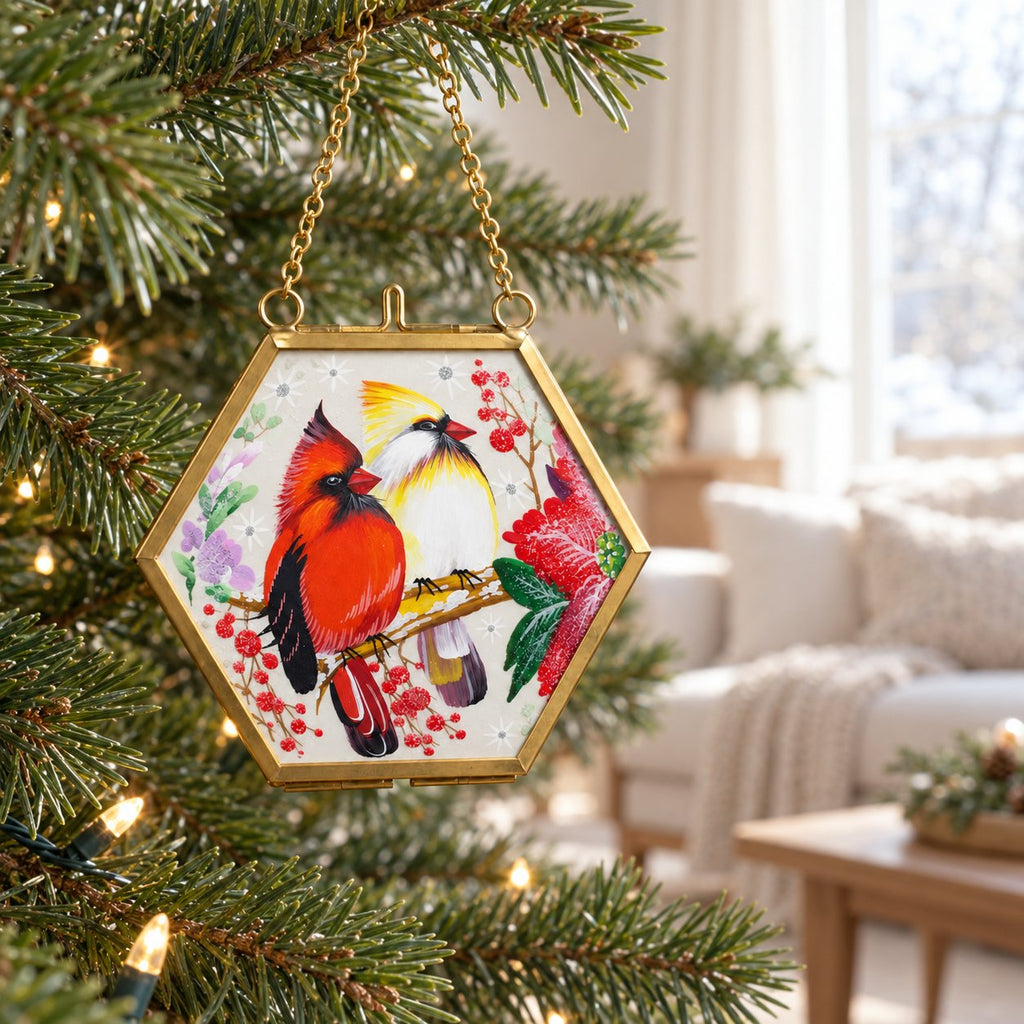 Cardinal Pair with Winter Berries Brass Picture Frame Christmas Ornament