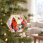 Cardinal Pair with Winter Berries Brass Picture Frame Christmas Ornament