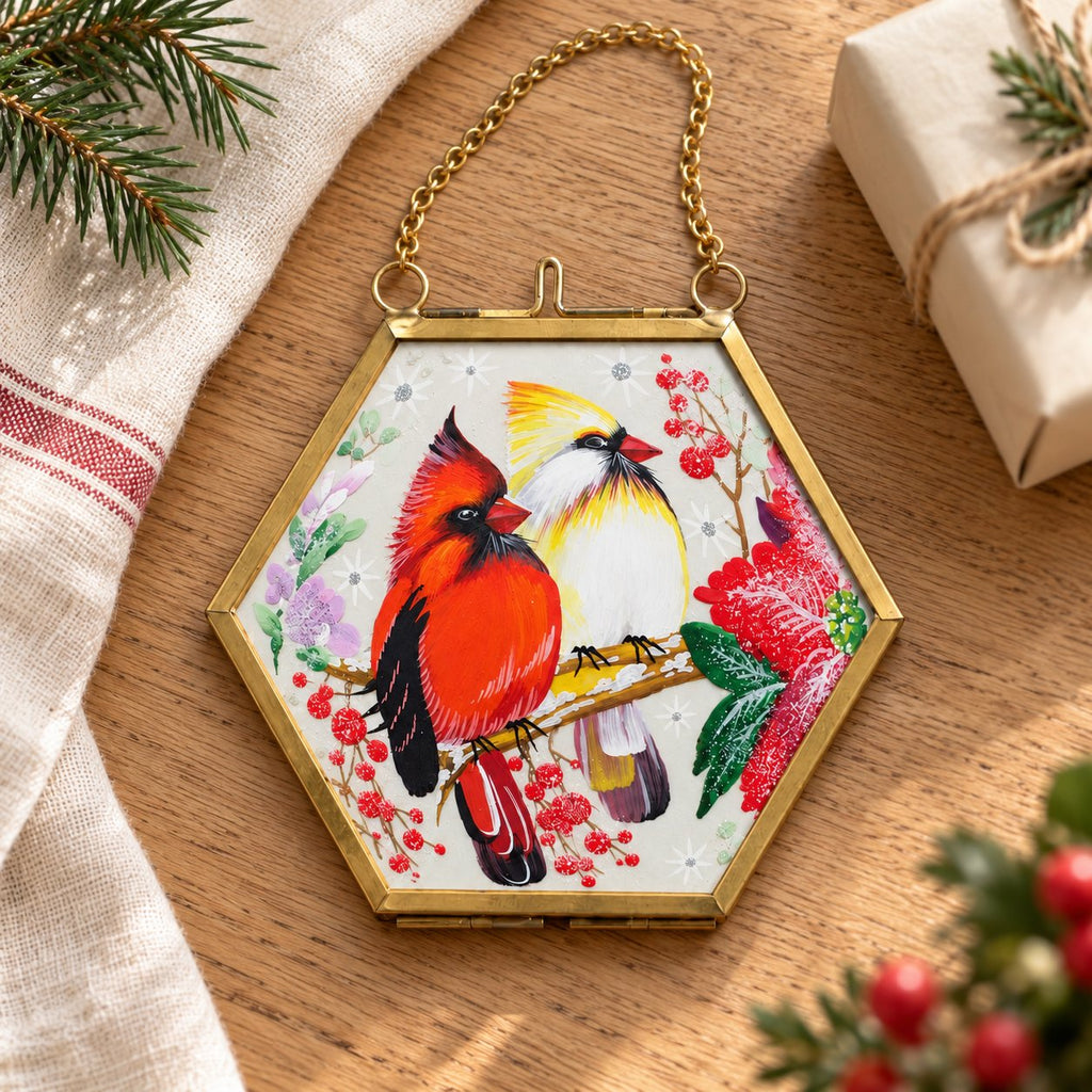 Cardinal Pair with Winter Berries Brass Picture Frame Christmas Ornament