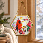 Cardinal Pair with Winter Berries Brass Picture Frame Christmas Ornament