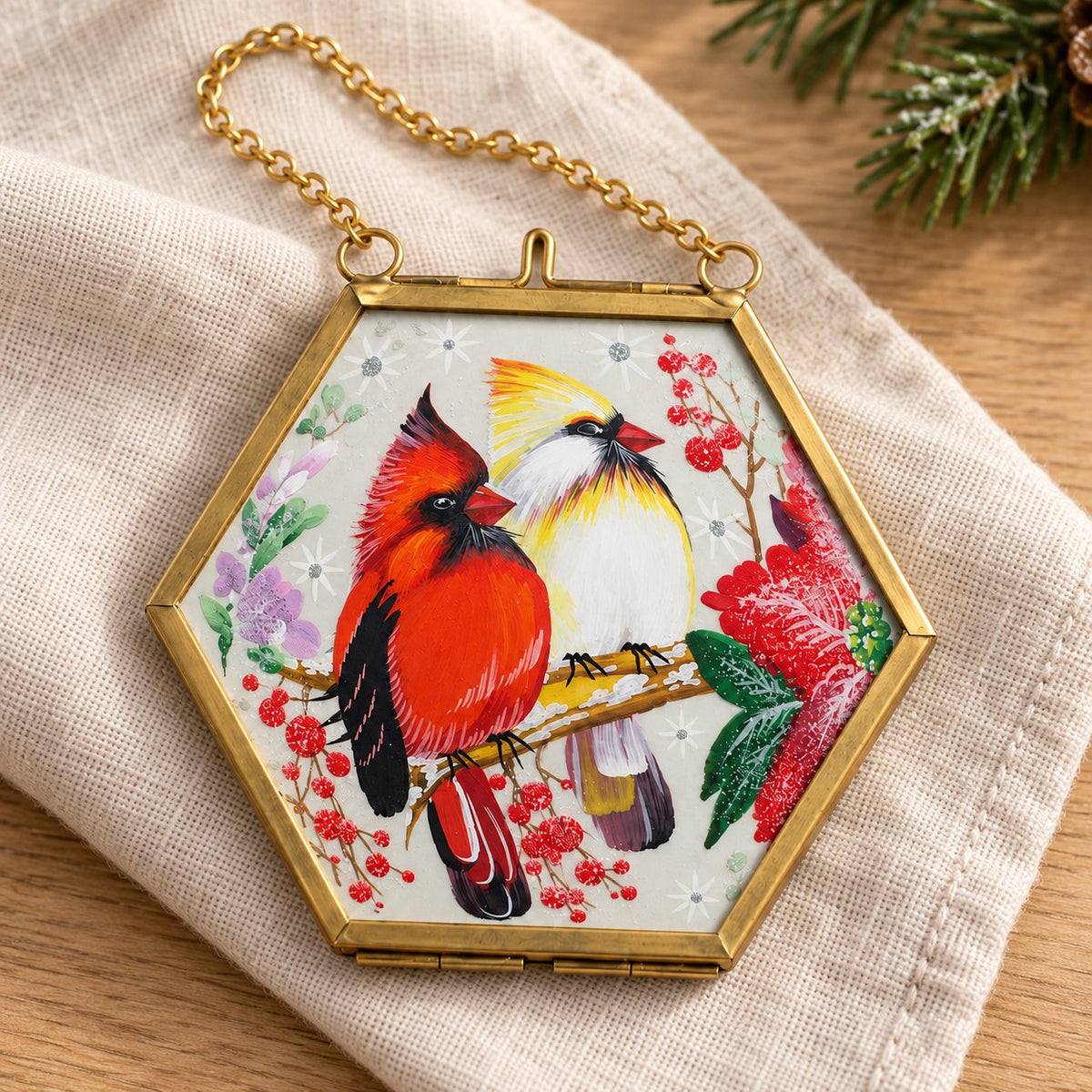 Cardinal Pair with Winter Berries Brass Picture Frame Christmas Ornament