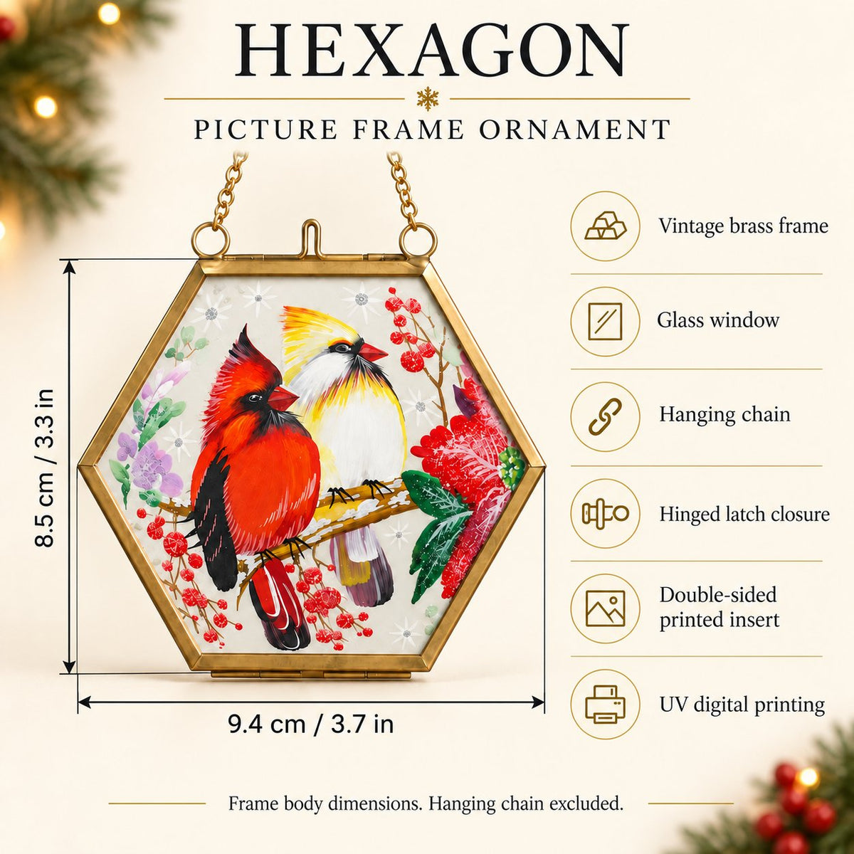 Cardinal Pair with Winter Berries Brass Picture Frame Christmas Ornament