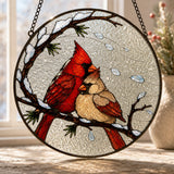 Cardinal Pair Snowy Branch Stained Glass Suncatcher