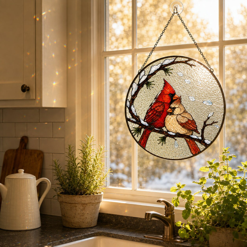 Cardinal Pair Snowy Branch Stained Glass Suncatcher
