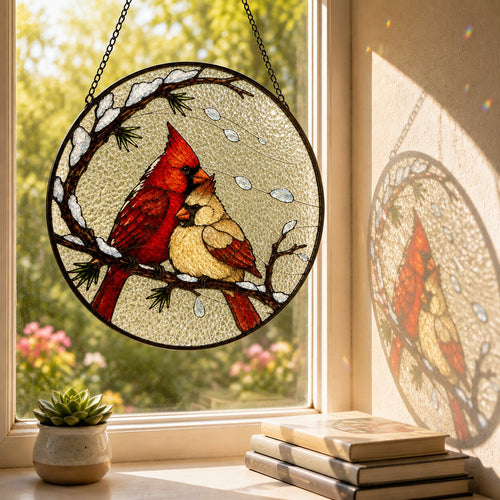 Cardinal Pair Snowy Branch Stained Glass Suncatcher