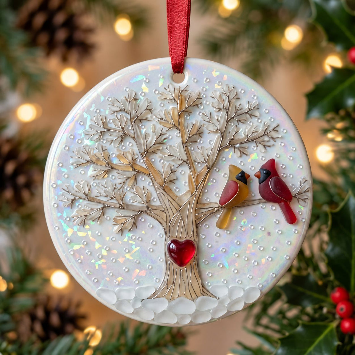 Cardinal Pair Winter Tree Heart Ceramic Christmas Ornament