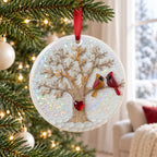 Cardinal Pair Winter Tree Heart Ceramic Christmas Ornament