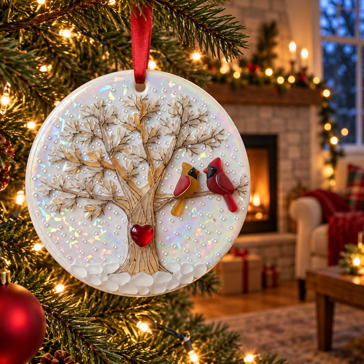 Cardinal Pair Winter Tree Heart Ceramic Christmas Ornament