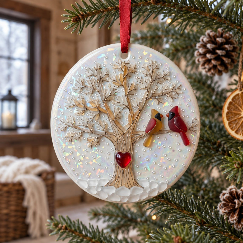 Cardinal Pair Winter Tree Heart Ceramic Christmas Ornament
