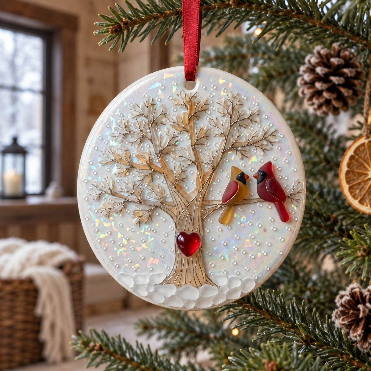 Cardinal Pair Winter Tree Heart Ceramic Christmas Ornament
