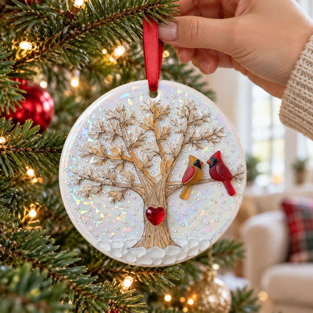 Cardinal Pair Winter Tree Heart Ceramic Christmas Ornament