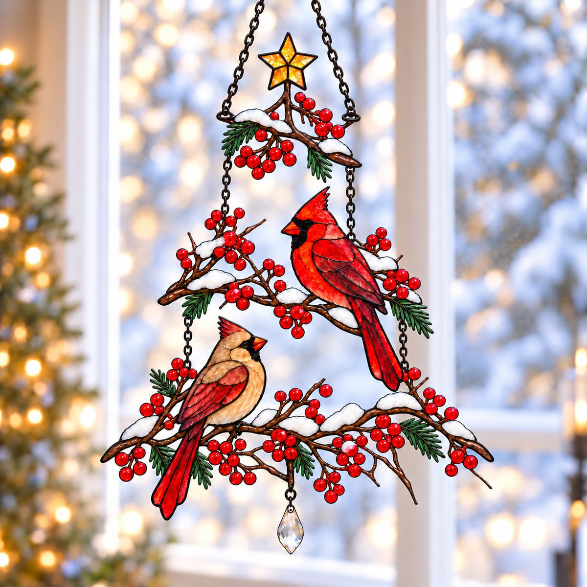 Cardinal Pair Winterberry Christmas Tree Holographic Acrylic Suncatcher