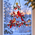 Cardinal Pair Winterberry Christmas Tree Holographic Acrylic Suncatcher