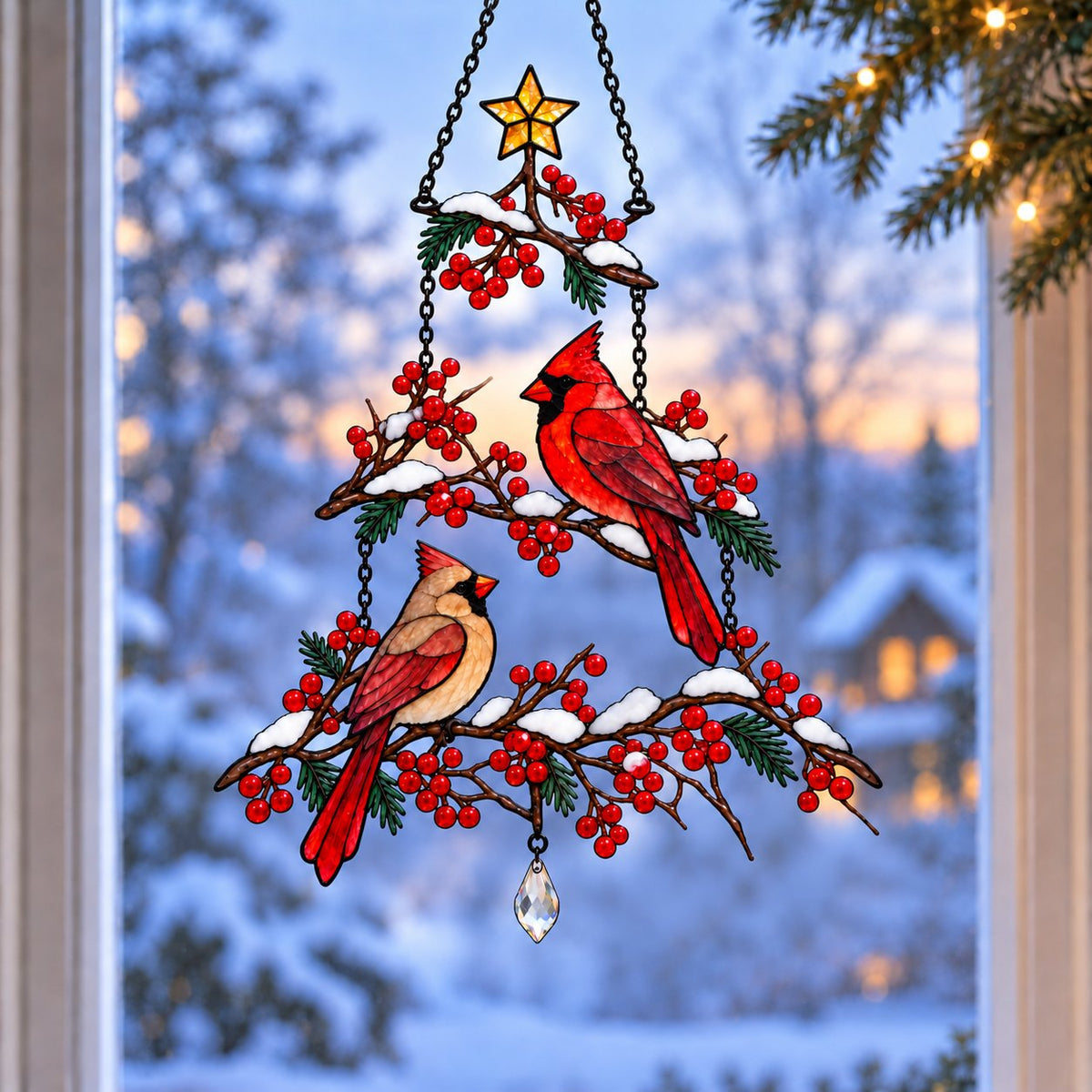 Cardinal Pair Winterberry Christmas Tree Holographic Acrylic Suncatcher