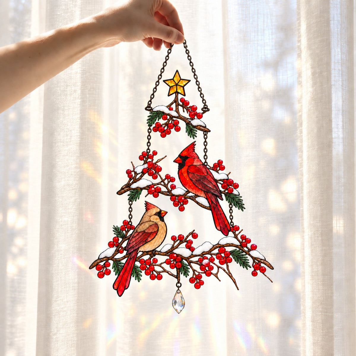 Cardinal Pair Winterberry Christmas Tree Holographic Acrylic Suncatcher