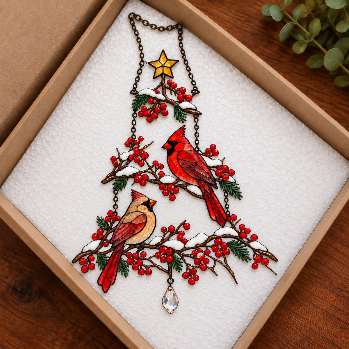Cardinal Pair Winterberry Christmas Tree Holographic Acrylic Suncatcher