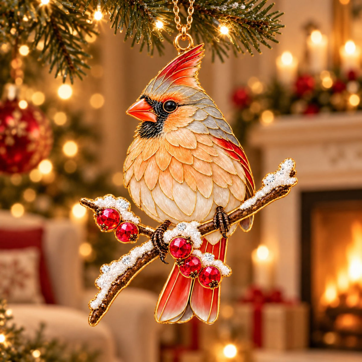 Cardinal on a Snowy Branch Christmas Ornament – Male or Female