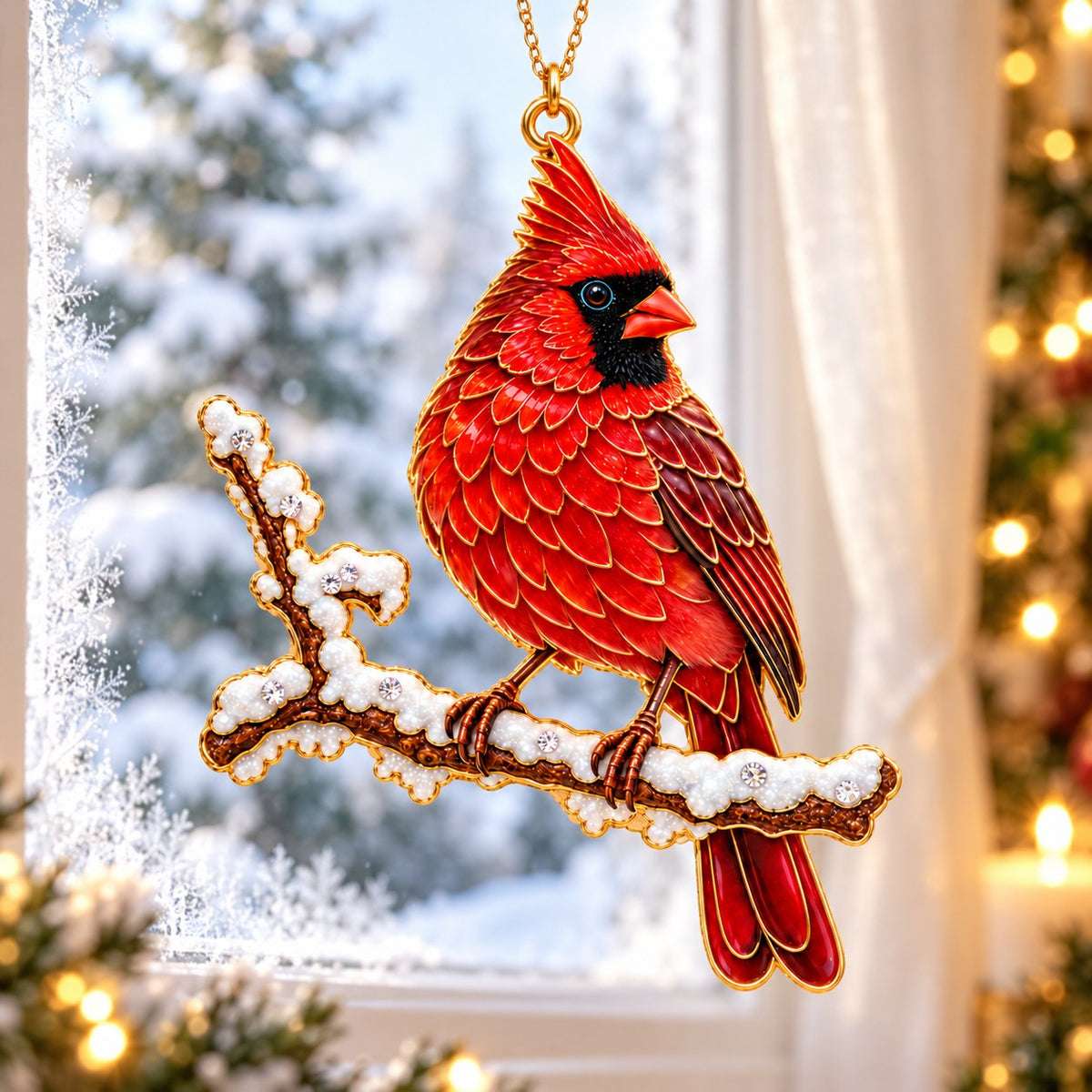 Cardinal on a Snowy Branch Christmas Ornament – Male or Female
