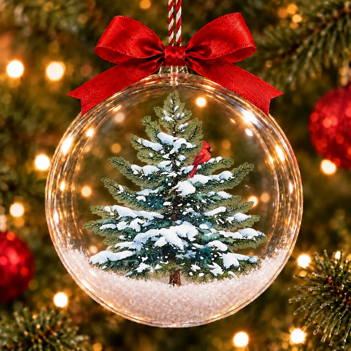 Cardinal in a Snowy Pine Tree Christmas Bauble Ornament