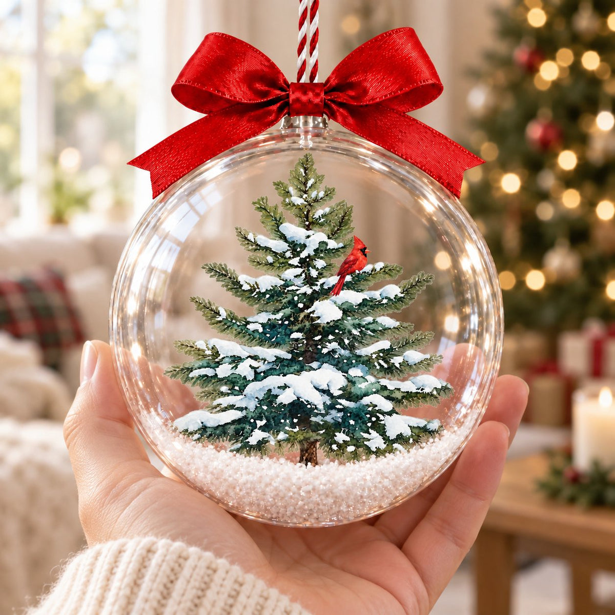 Cardinal in a Snowy Pine Tree Christmas Bauble Ornament