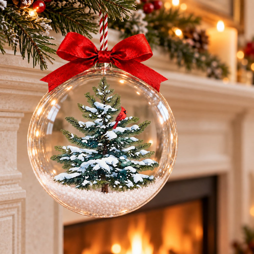 Cardinal in a Snowy Pine Tree Christmas Bauble Ornament