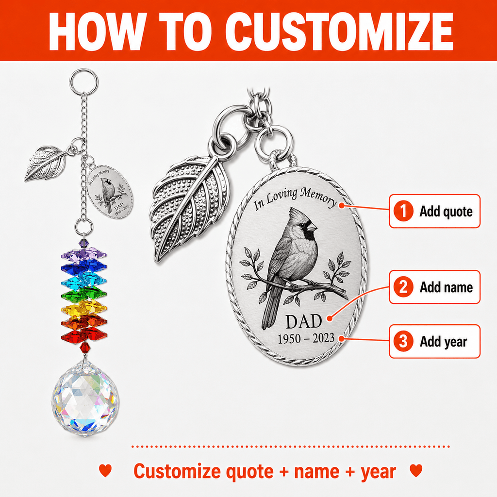 Product detail image of personalized cardinal memorial crystal suncatcher showing 2 acrylic charms, charm size options, full hanging length, crystal ball size, and suction cup hook