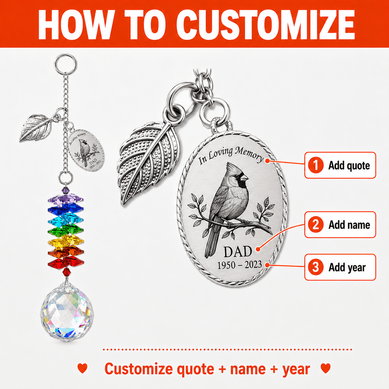 Product detail image of personalized cardinal memorial crystal suncatcher showing 2 acrylic charms, charm size options, full hanging length, crystal ball size, and suction cup hook