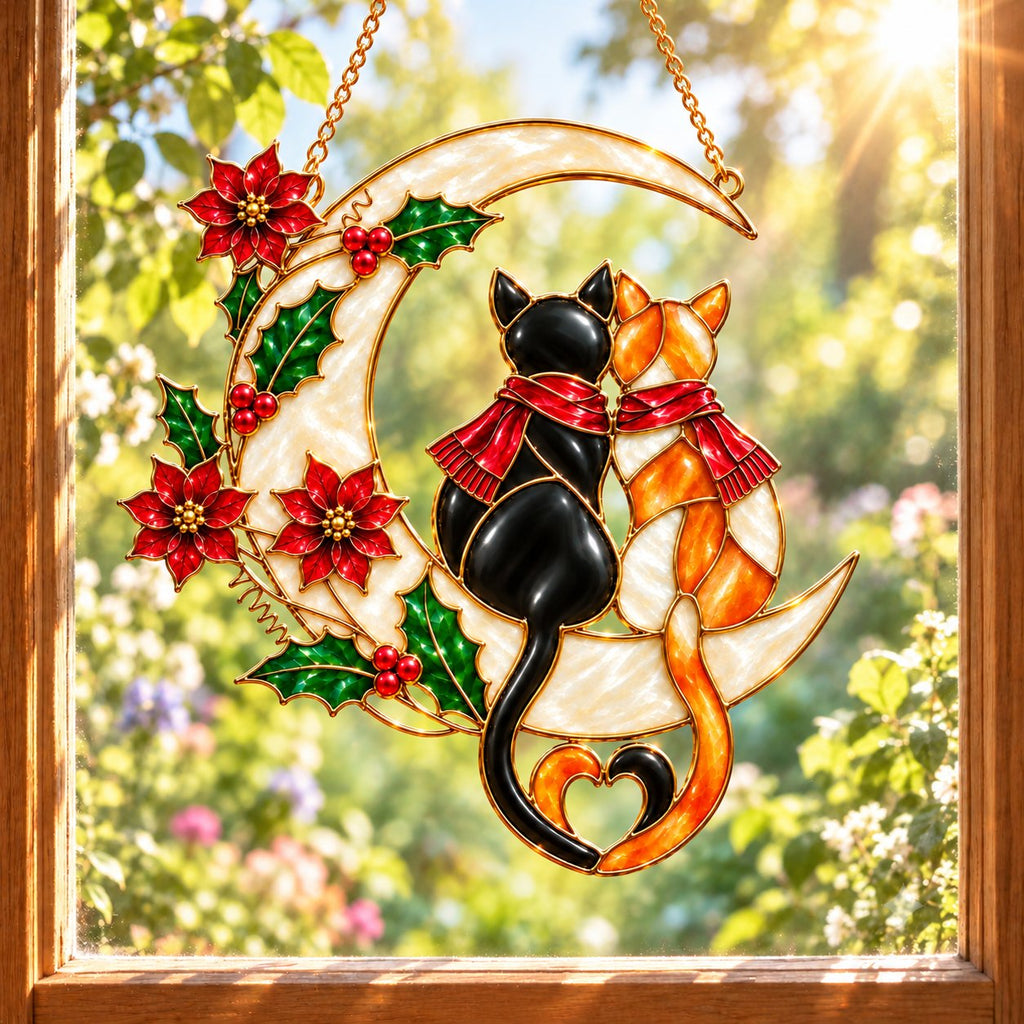 Cat Couple on a Crescent Moon with Poinsettias Holographic Acrylic Suncatcher