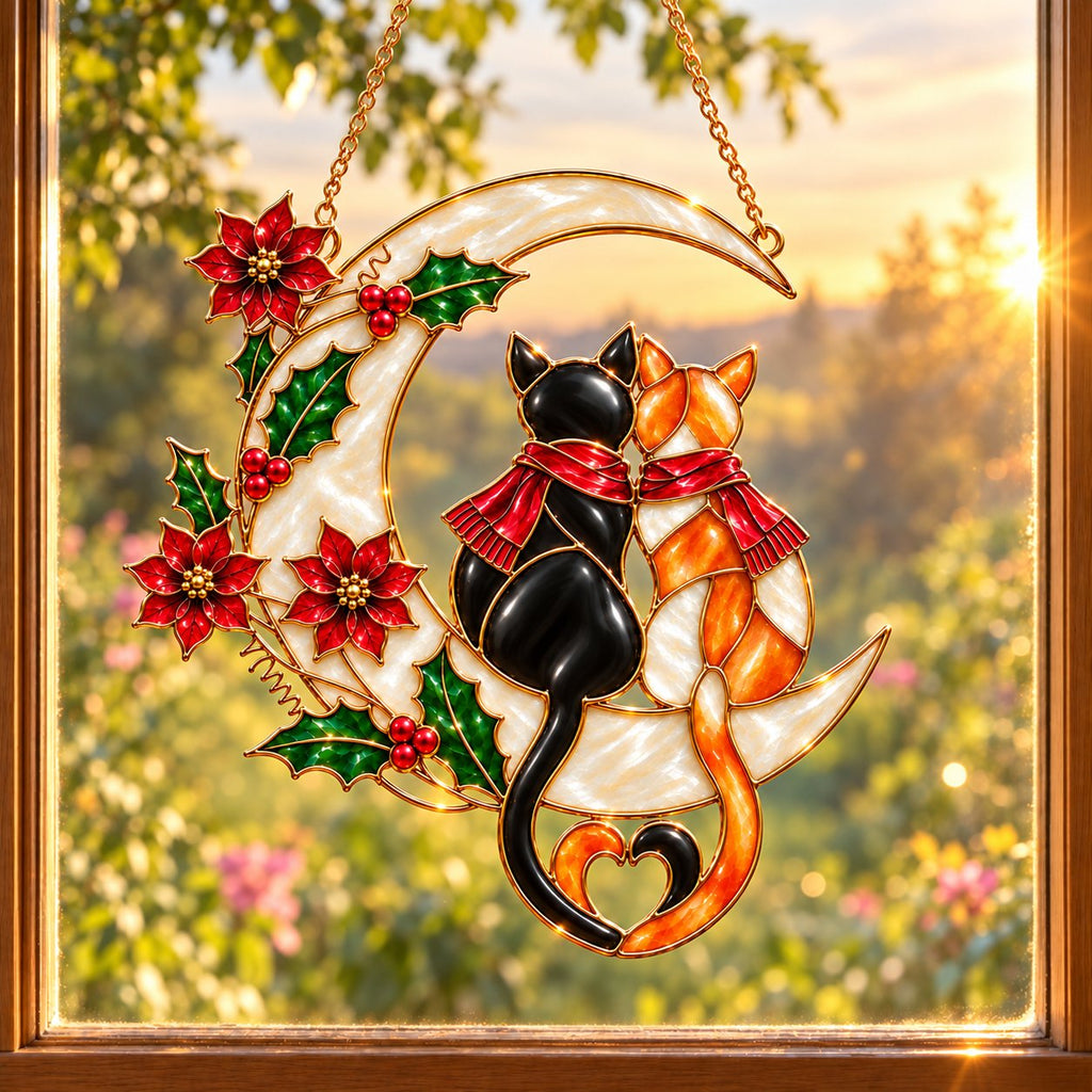 Cat Couple on a Crescent Moon with Poinsettias Holographic Acrylic Suncatcher