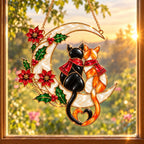 Cat Couple on a Crescent Moon with Poinsettias Holographic Acrylic Suncatcher