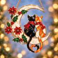 Cat Couple on a Crescent Moon with Poinsettias Holographic Acrylic Suncatcher