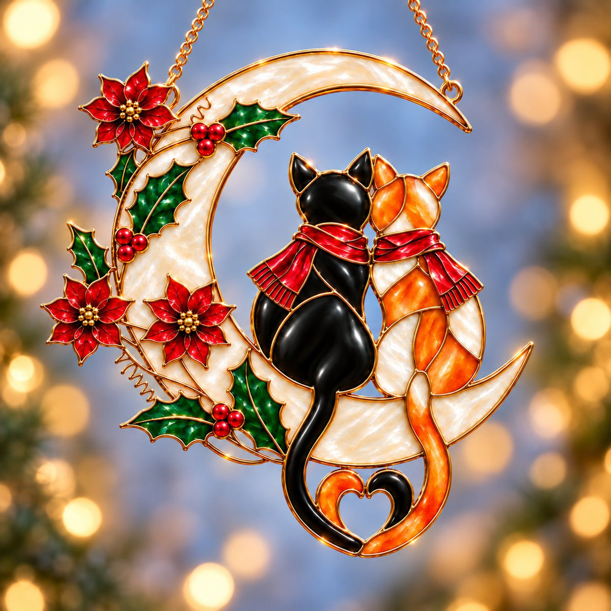 Cat Couple on a Crescent Moon with Poinsettias Holographic Acrylic Suncatcher