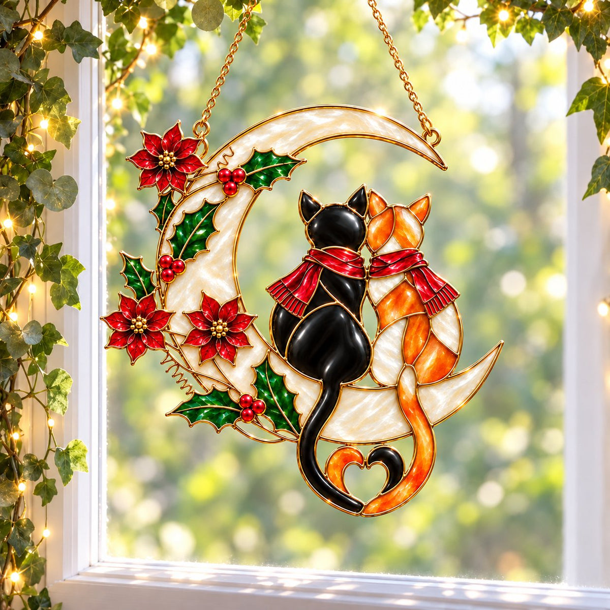 Cat Couple on a Crescent Moon with Poinsettias Holographic Acrylic Suncatcher