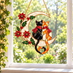 Cat Couple on a Crescent Moon with Poinsettias Holographic Acrylic Suncatcher