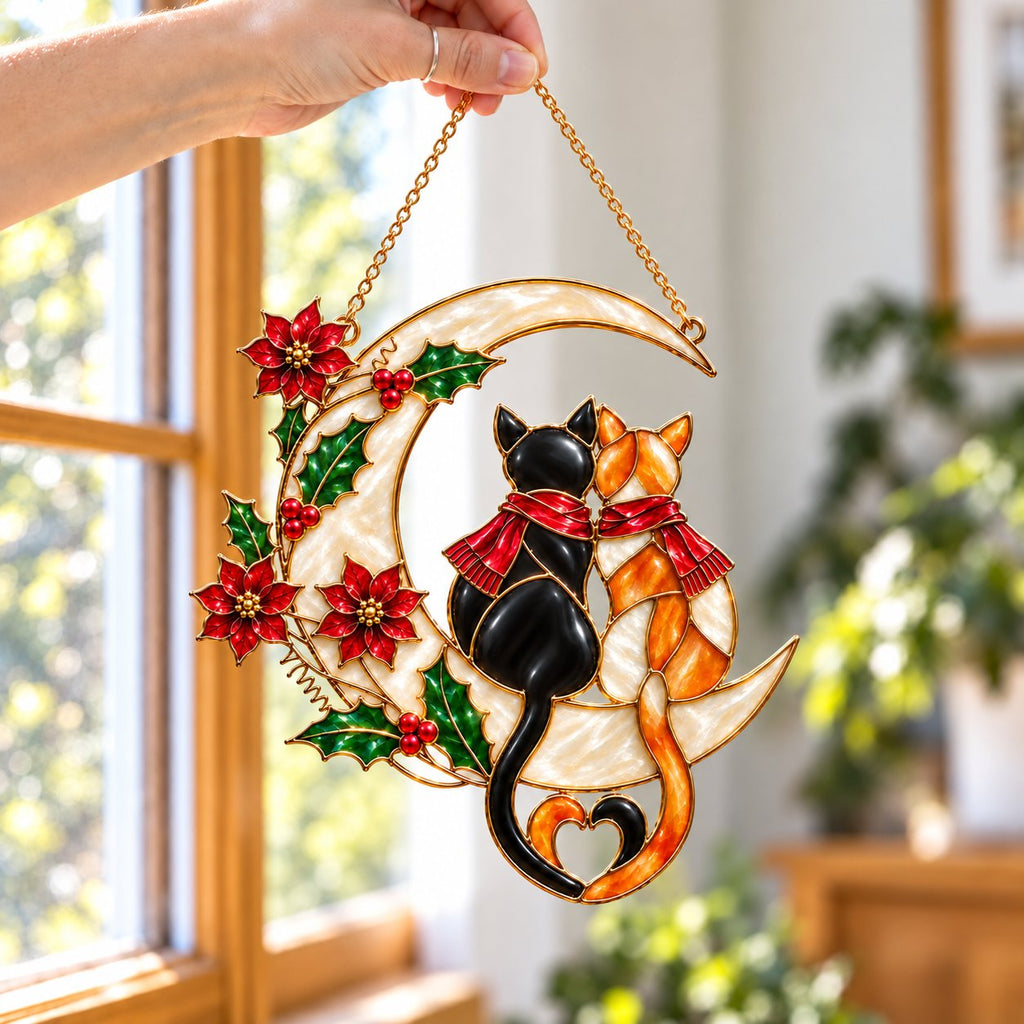 Cat Couple on a Crescent Moon with Poinsettias Holographic Acrylic Suncatcher