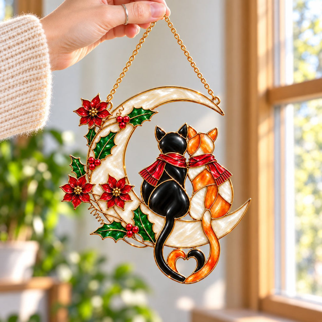 Cat Couple on a Crescent Moon with Poinsettias Holographic Acrylic Suncatcher
