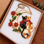 Cat Couple on a Crescent Moon with Poinsettias Holographic Acrylic Suncatcher